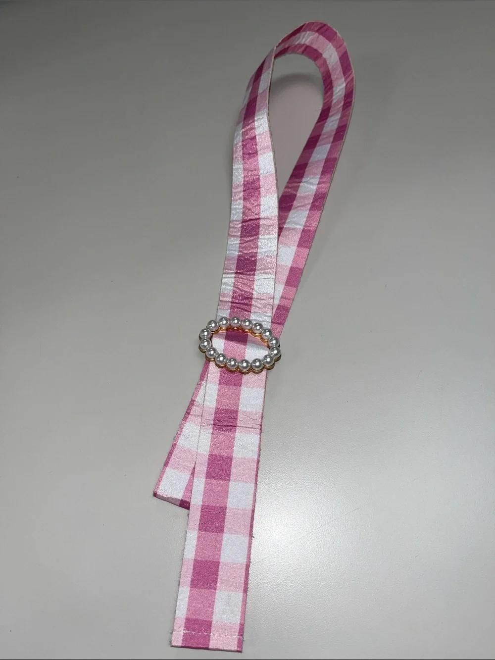 Source Unknown Pink and White Gingham Pearl Buckle Belt